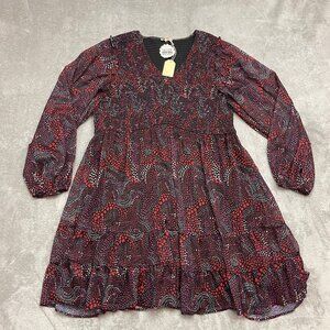 Jodifl Boho Dress Women Plus Size 2X Red Black Abstract Print Smocked V-Neck NWT